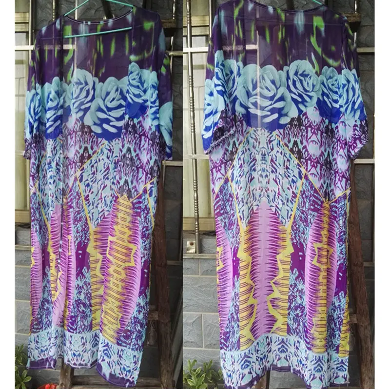 NAIDEY 2019 Summer Printed Bikini Cover Up Loose Split Beach Cardigan Women Long Chiffon Beachwear Pareo Kaftan Robe de Plage |