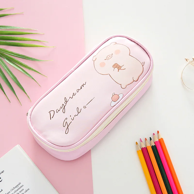 Light Pink Kawaii Porket Карандаш Чехол с мультипликационным принтом из искусственной кожи Большие Ёмкость пенал для карандашей Карандаш Чехол студентческой ручки сумка, школьные принадлежности канцелярские товары - Цвет: Light Pink