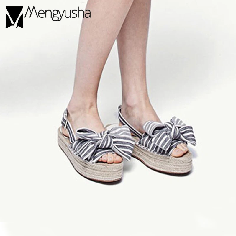 Полосатые сандалии с бантом Женская обувь в рыбацком стиле на толстой подошве