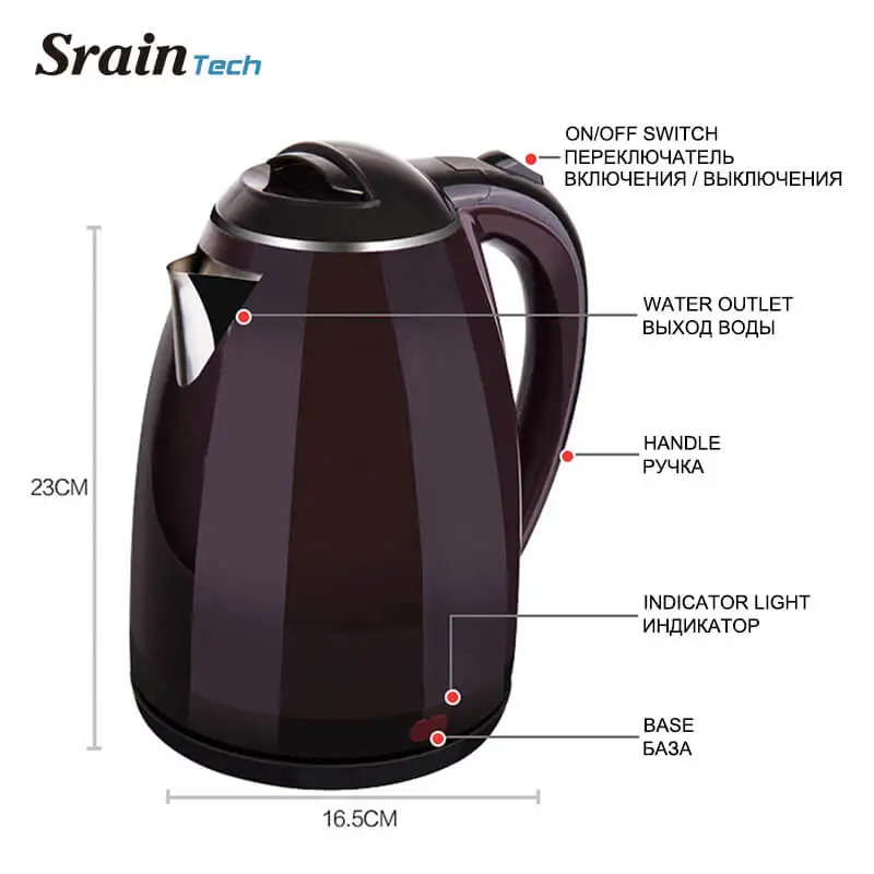 SrainTech 220V 2.0L 304 Электрический чайник из нержавеющей стали для нагрева воды за 5