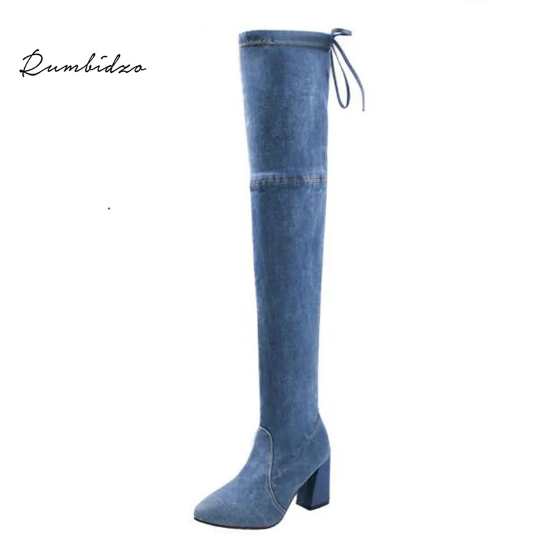 light blue Rumbidzo/Новинка года; женские ботинки; синие джинсы; женские ботфорты; джинсовые сапоги на высоком массивном каблуке со шнуровкой; квадратный каблук - Цвет: light blue