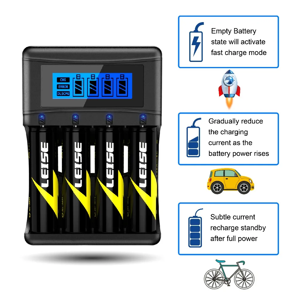 Leise зарядное устройство для аккумуляторов AA AAA 2a 3a nimh ЖК-дисплей USB кабель интеллектуальное отключение Быстрая зарядка