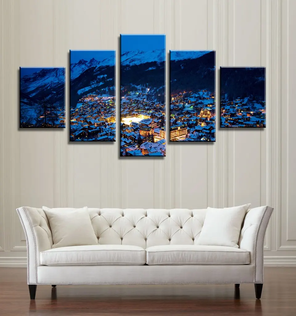 Снежная Яркий Ночь Холст Настенная Живопись Искусство 5 Шт. Печать Home Decor Picture Panels