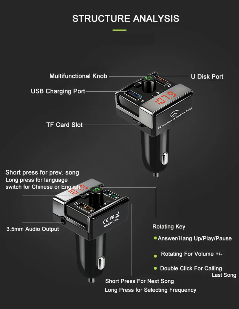 JONSNOW MP3-плеер USB Автомобильное зарядное устройство Поддержка TF карта U диск воспроизведение AUX музыка fm-передатчик Беспроводная гарнитура Bluetooth автомобильный комплект