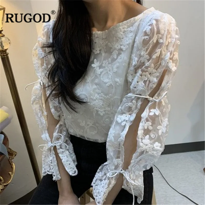 

RUGOD Vintage white embroidery women blouse Fashion lace up long sleeve shirts office ladies lace mesh blouses female