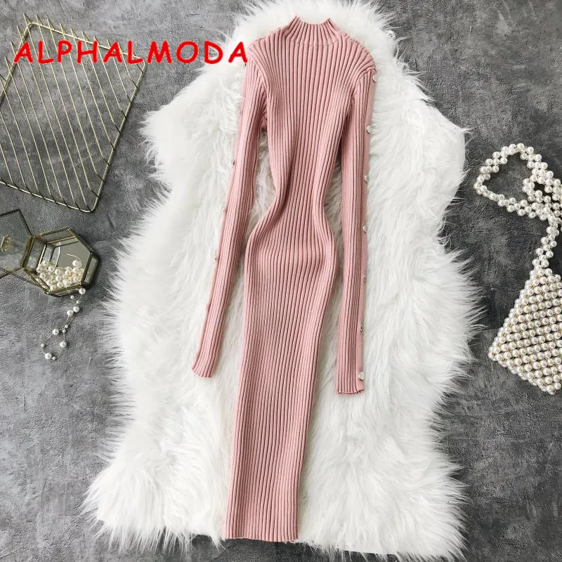 ALPHALMODA 2018 зимнее облегающее платье свитер с пуговицами и рукавами эластичное в