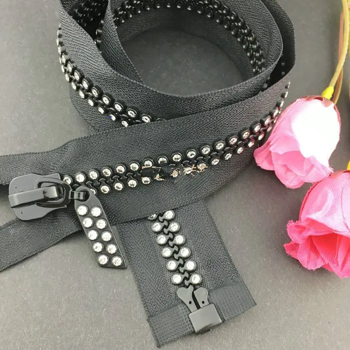 

#10 Length 15/38/64cm Decorative Rhinestone Zipper Black OPEN END Resin Diamond Clothes For Sewing Accessories