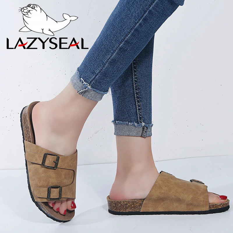 Шлепанцы LazySeal женские на плоской подошве летние пробковые сандалии с пряжкой