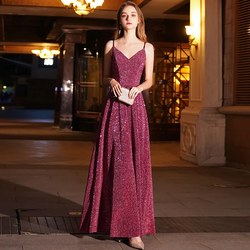 Женское вечернее платье до пола Элегантное Длинное бордового цвета с блестками V