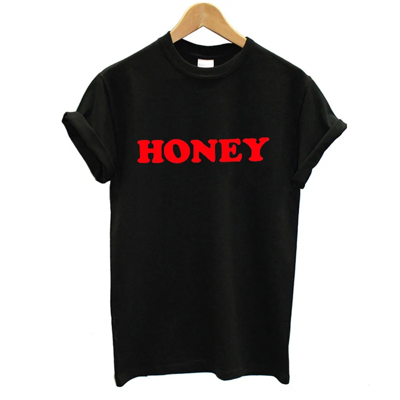 HONEY Letters Printed Tee Shirts 2018 Summer Fashion Round Neck T-Shirt Women Tops Black Female Harajuku T-Shirts | Женская одежда