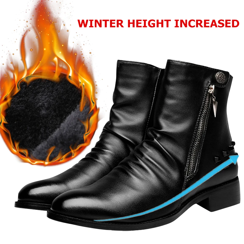 Winter Increased Misalwa/мужские ботинки челси с острым носком на молнии; мотоботы; зимняя обувь в британском стиле; мужские Ботильоны под платье, увеличивающие рост - Цвет: Winter Increased
