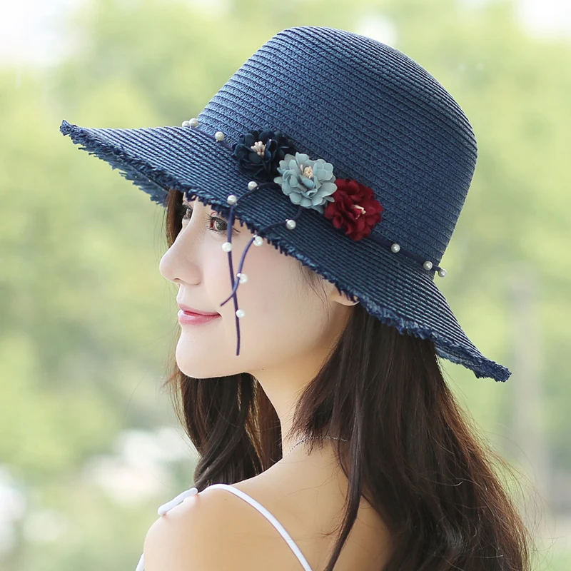 

Fashion Female Summer Straw Sun Hat for Women Pink Outdoor Beach Curl Brim Girls Floppy Fedora with Bow Uv Protect Caps B-8102
