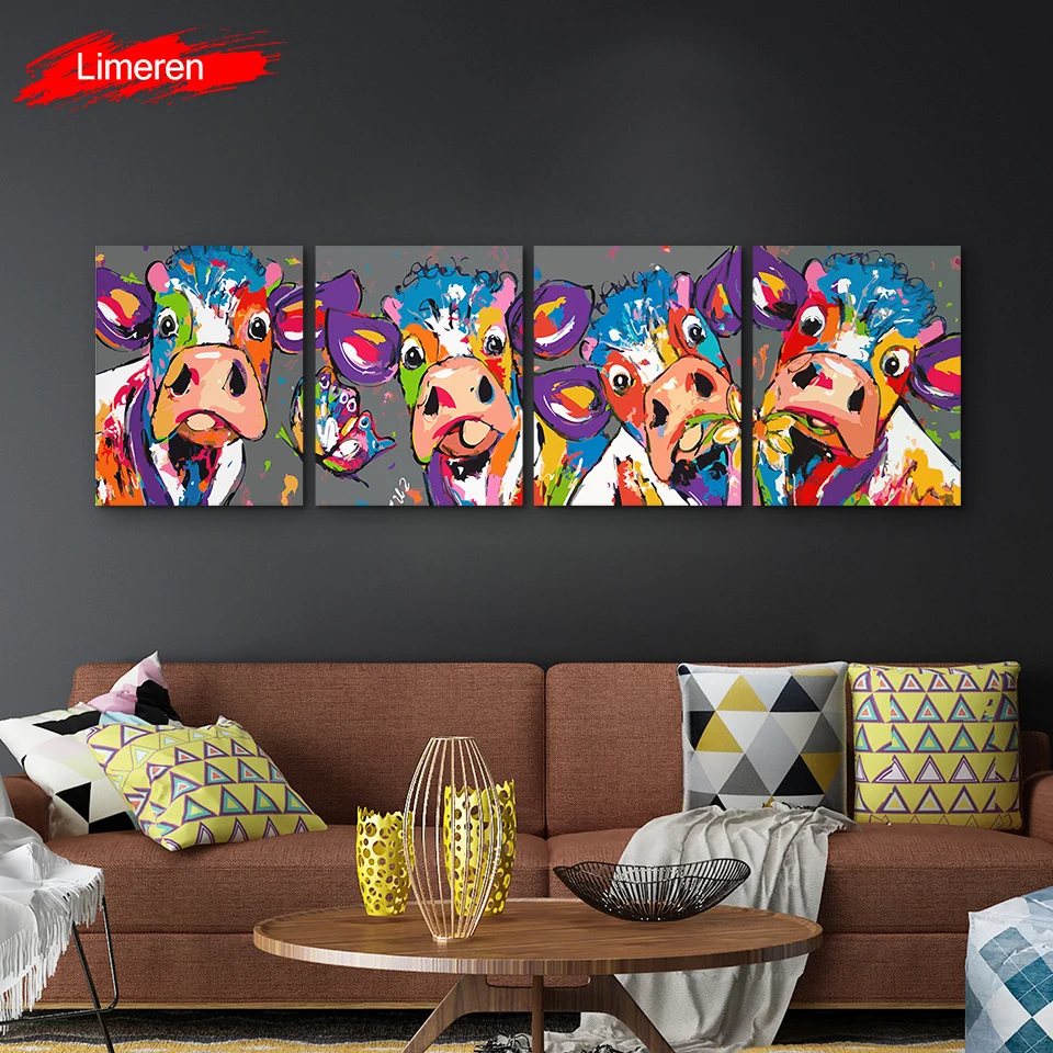 Vrolijk Schilderij 4 шт./компл. Wall Art Холст Картина маслом по номерам Абстрактная живопись Красочные Корова Животные ручная домашний Декор без рамки