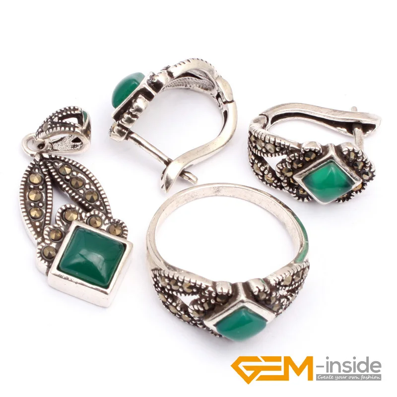 Набор ювелирных изделий: серьги-кольца из натурального агата и античного