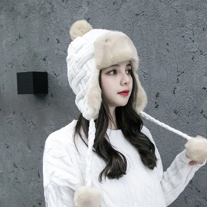 Женская зимняя шапка-бомбер в Корейском стиле шапка с защитой от холода для