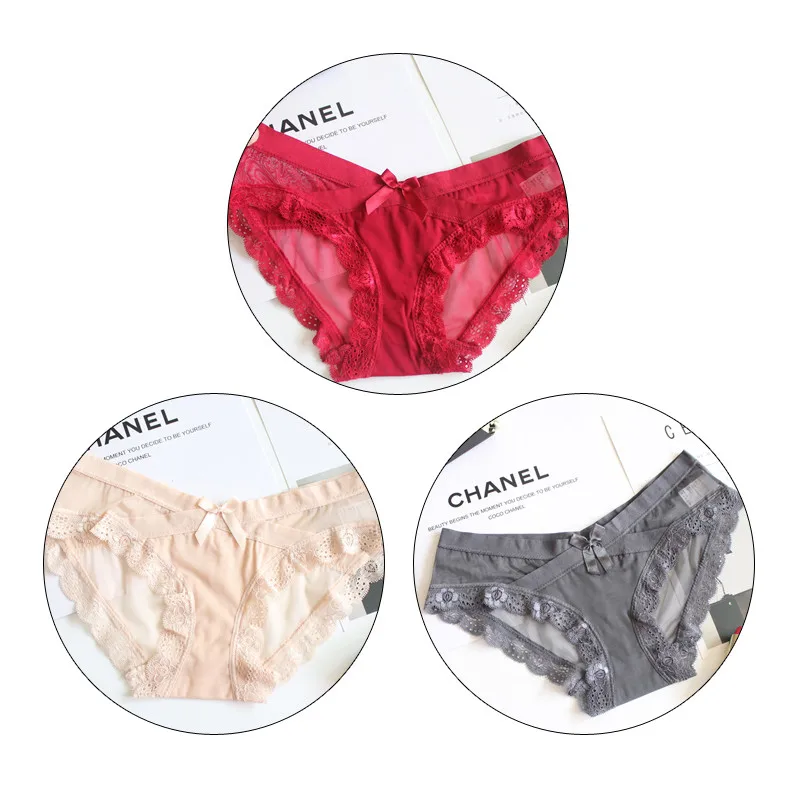 red skin gray TERMEZY, 3 шт., новинка, сексуальные женские трусы с кружевным краем, нижнее белье из хлопка с низкой талией, дышащее модное нижнее белье, шесть цветов - Цвет: red skin gray