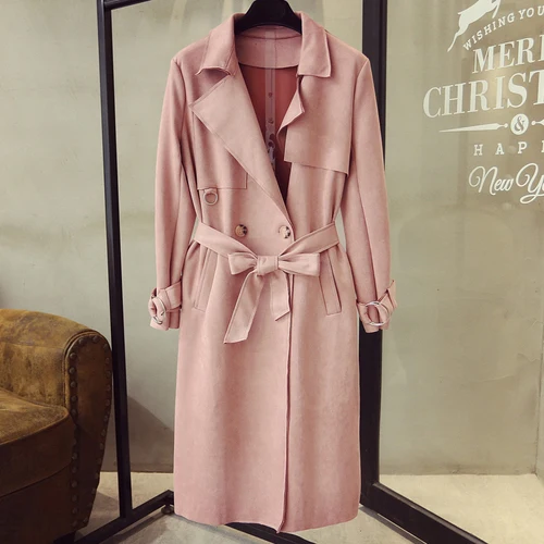 pink Новинка, модный Тренч из искусственной замши, однобортный Тренч средней длины, женское тонкое повседневное однотонное пальто высокого качества с поясом - Цвет: pink