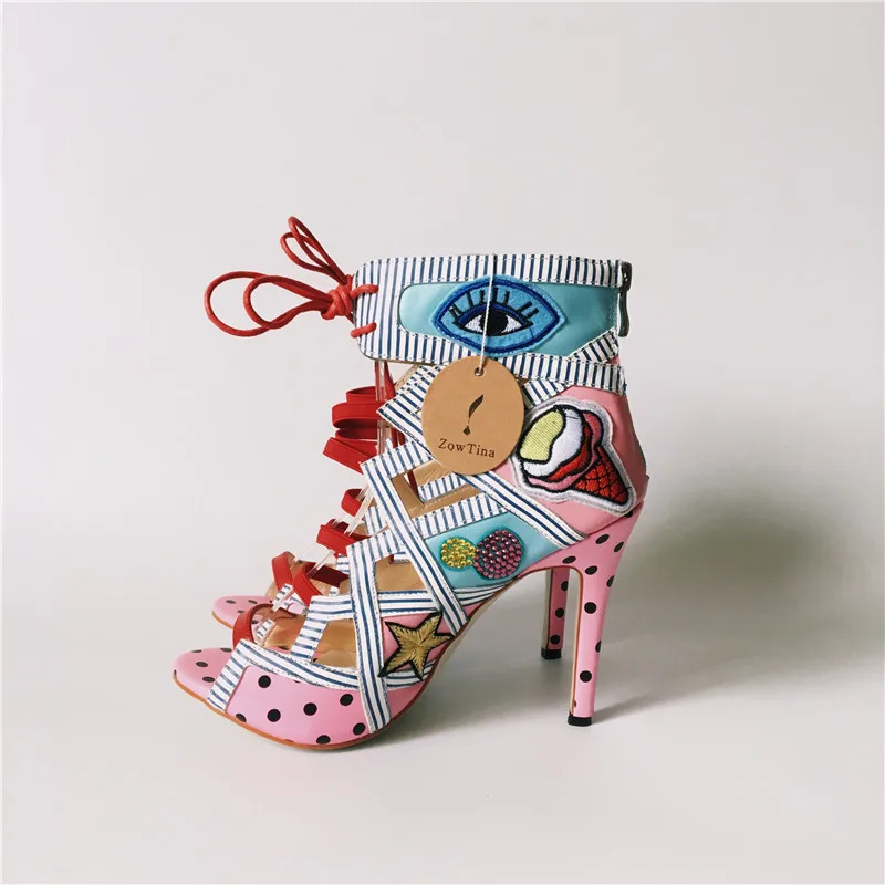 Женские босоножки с вышивкой яркие сандалии на высоком каблуке шнуровке обувь
