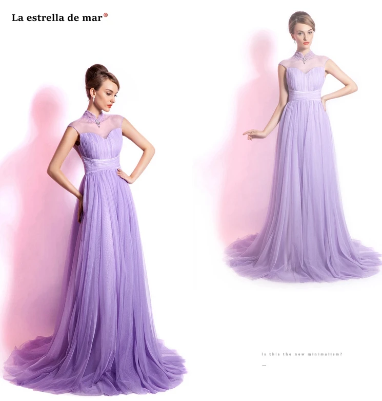 Vestidos para boda invitadas21019 Новое Тюлевое Кристальное платье с высоким вырезом сзади ТРАПЕЦИЕВИДНОЕ лиловое платье подружки невесты длинное платье brautjungfernkleid