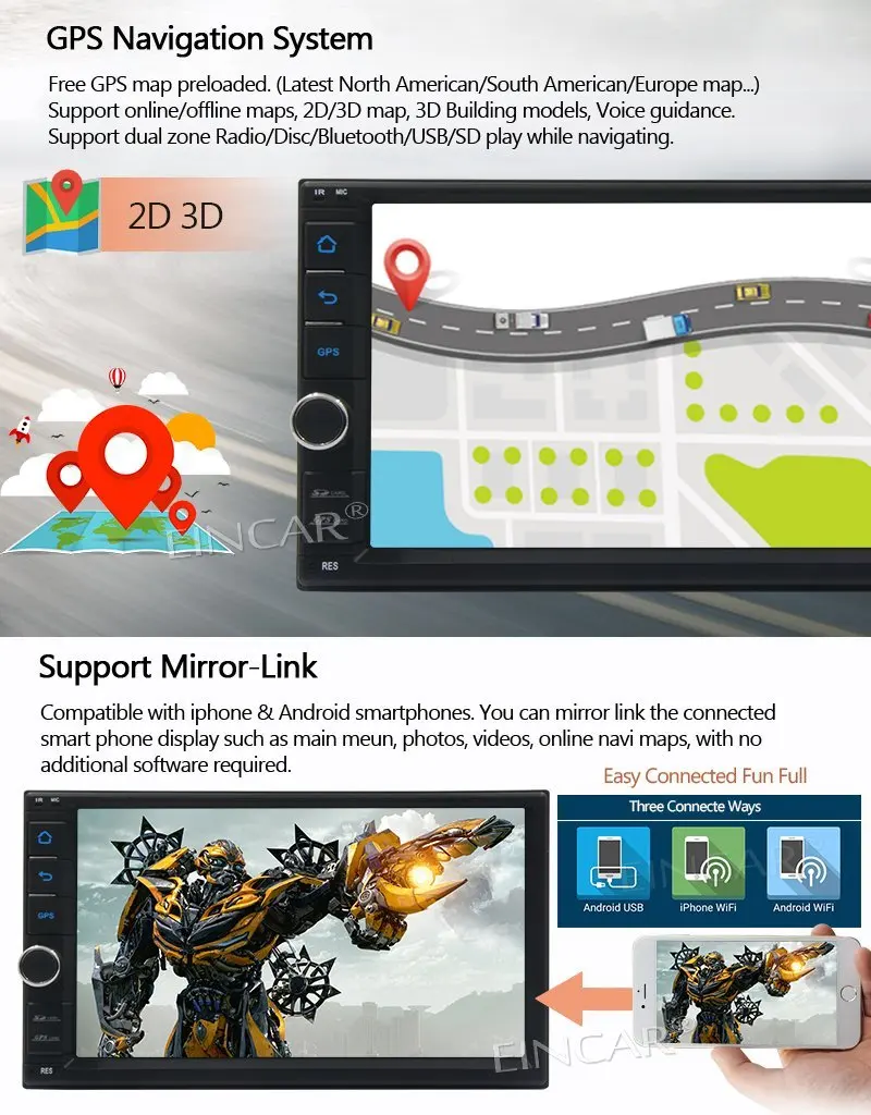 Android 6.0 стерео Bluetooth автомобиля Радио 7 ''двойной din головное устройство