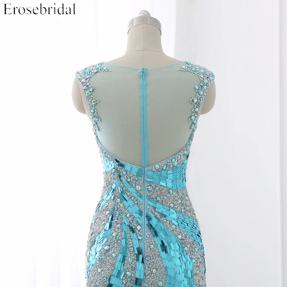 Женское блестящее вечернее платье со шлейфом Erosebridal синее длинное с блестками