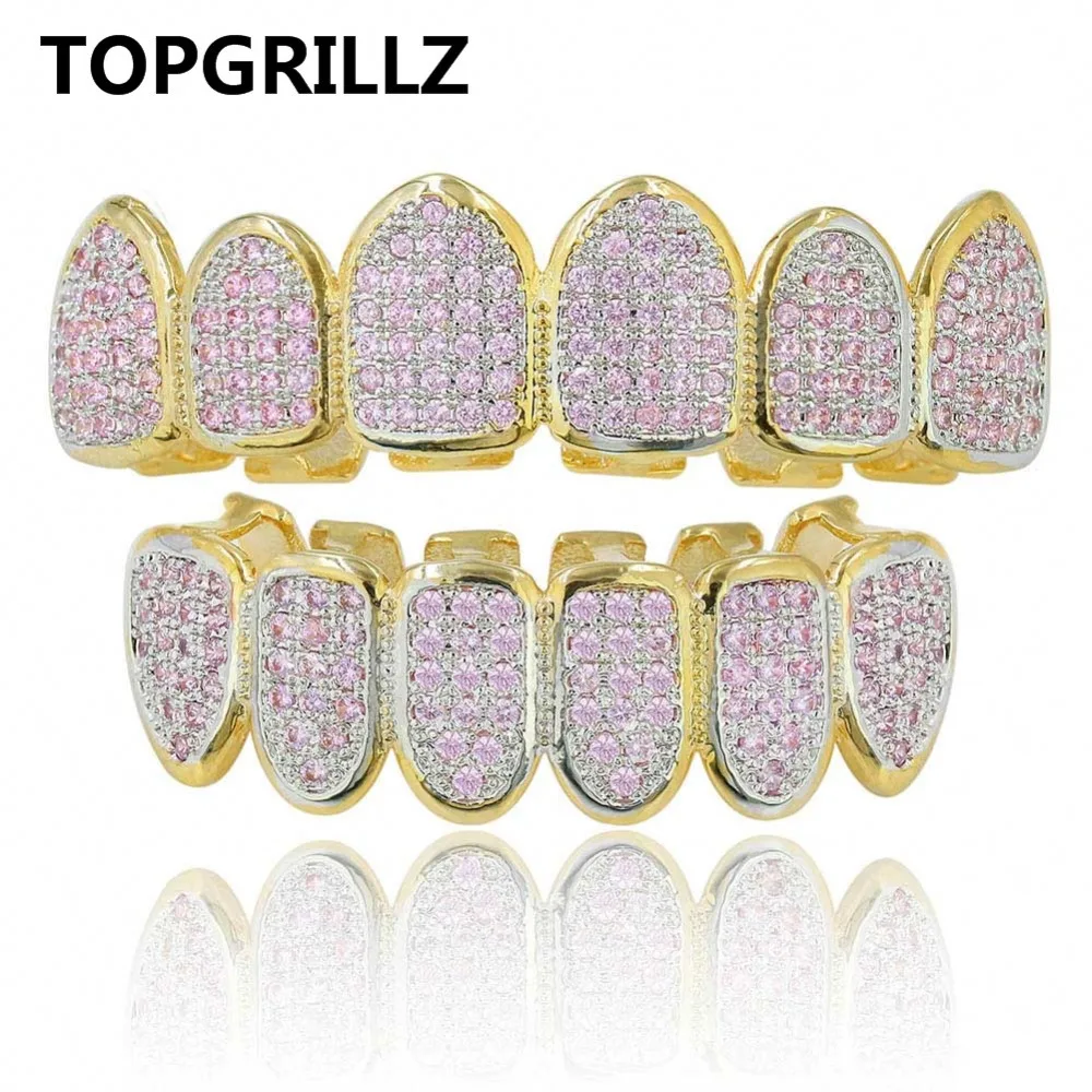 TOPGRILLZ пользовательский подходит Золотой цвет розовый микро проложить кубический циркон верхние и нижние зубы Grillz хип-хоп золотые грили для Рождественский подарок
