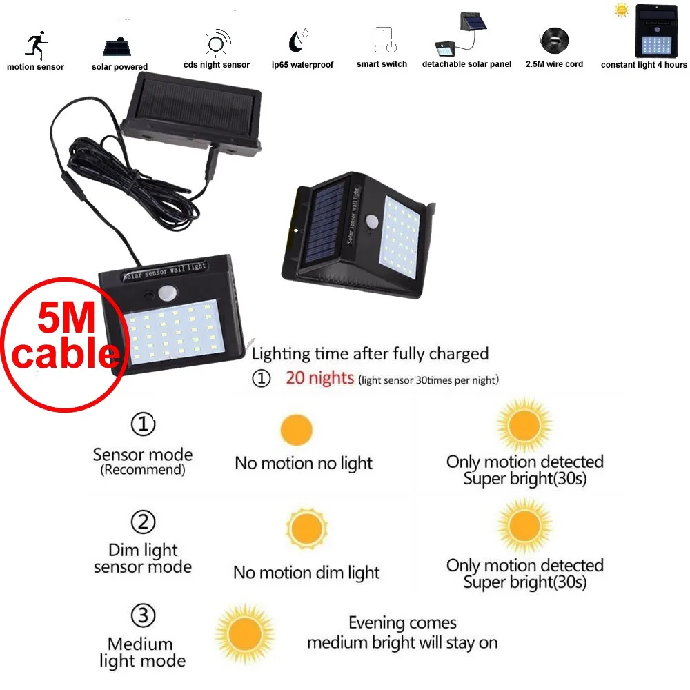 30 led Солнечный свет Съемная панель Водонепроницаемая IP65 наружная лампа для сада