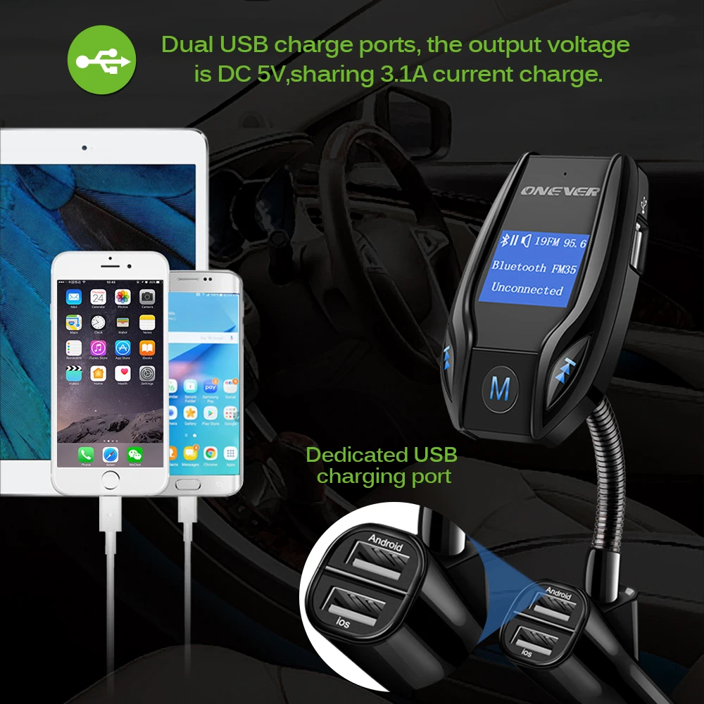 Автомобильный FM трансмиттер Onever Bluetooth MP3 плеер с двумя USB портами|fm transmitter|fm modulatormp3