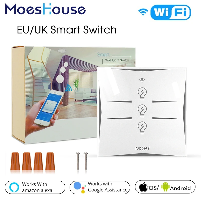 Wi Fi умный настенный сенсорный выключатель ЕС мощность мобильное приложение