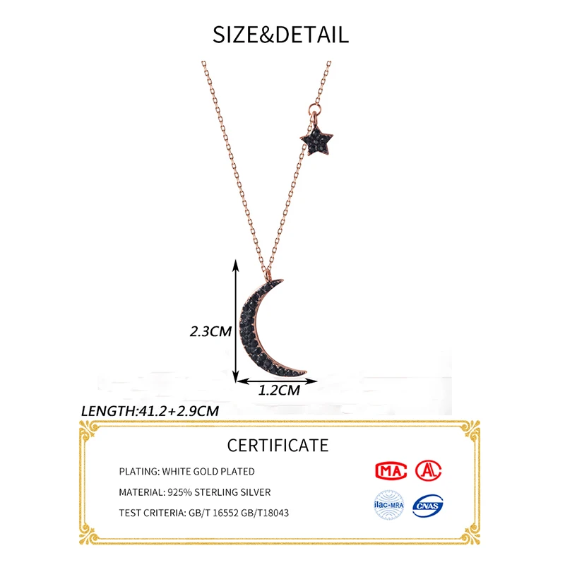 INZATT, настоящее 925 пробы, серебро, черный циркон, луна, звезда, подвеска, ожерелье для женщин, модные, вечерние, милые, хорошее ювелирное изделие, подарок