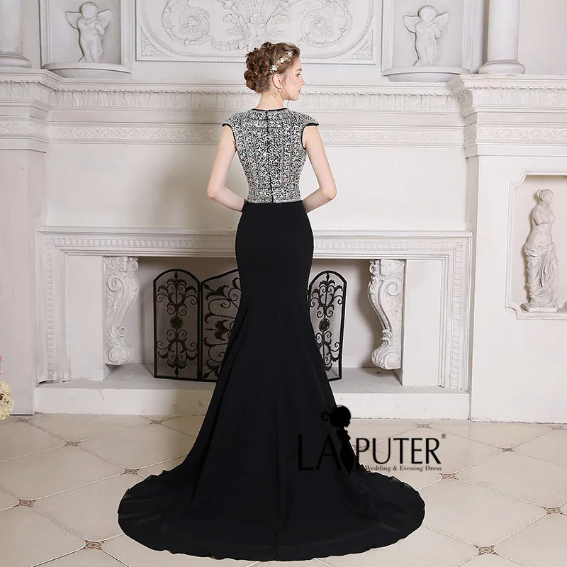 Vestidos de formatura Crystal Beads Chiffon Long Elegant 2017 Black Sexy Mermaid Prom Evening Dress robe soiree courte | Свадьбы и
