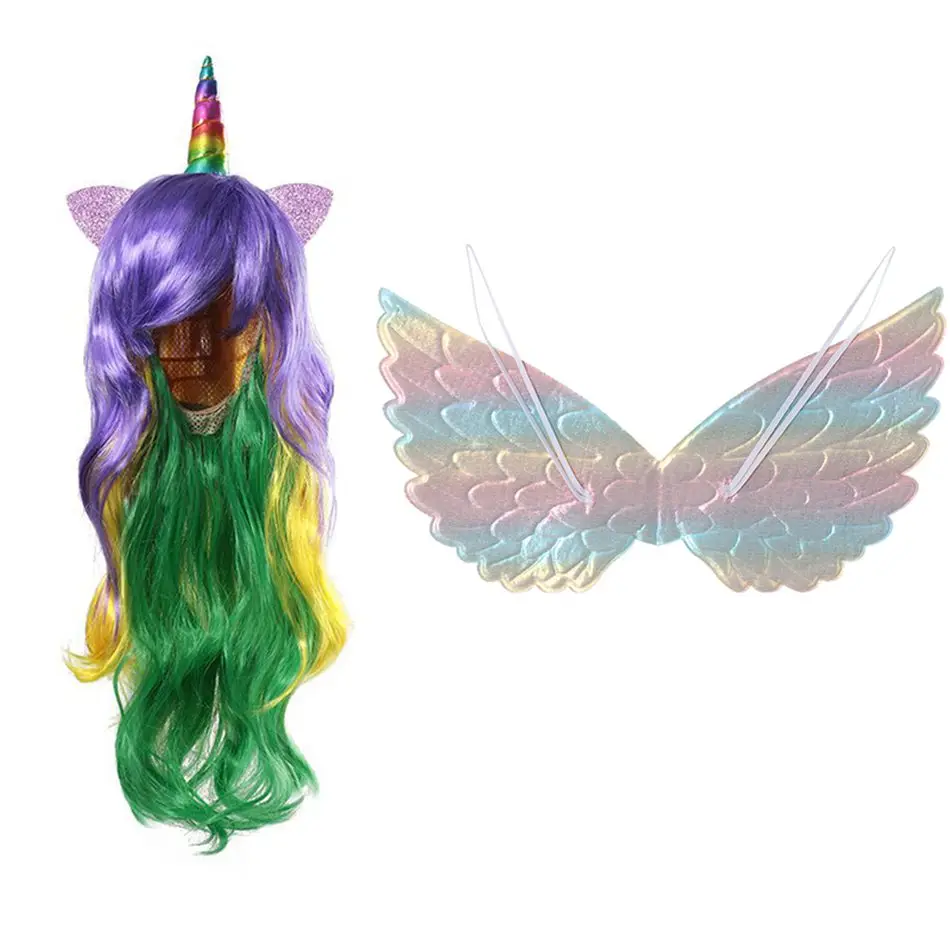 Unicorn Wig D Set 03 MUABABY/парик и крылья единорога для девочек; Детские аксессуары для принцессы; реквизит для костюмированной вечеринки для девочек; одежда для дня рождения - Цвет: Unicorn Wig D Set 03