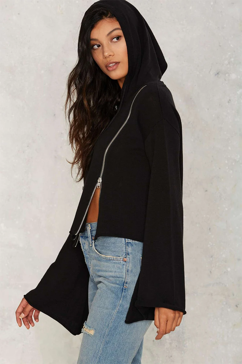 EDGENSION New 2017 Spring Fashion Women Trumpet Sleeves Zip Slits Asymmetric Hoodies European Zipper Split Short Sweatshirts | Женская
