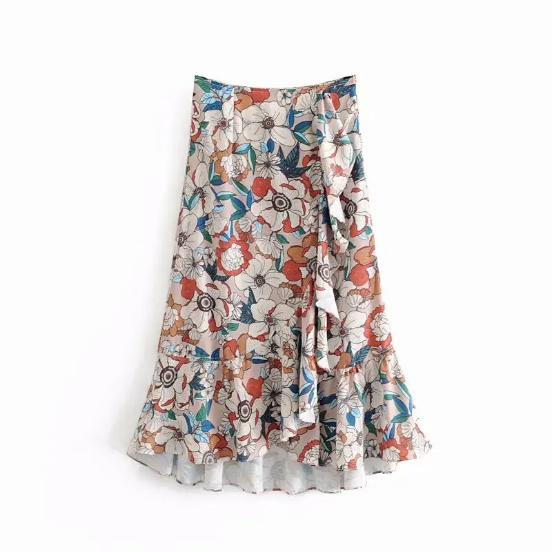 as pic QUN350AZZ Мода каскадные оборки Цветочные vestidos печать Асимметричная юбка faldas mujer Женская боковая молния шикарные юбки QUN350 - Цвет: as pic QUN350AZZ