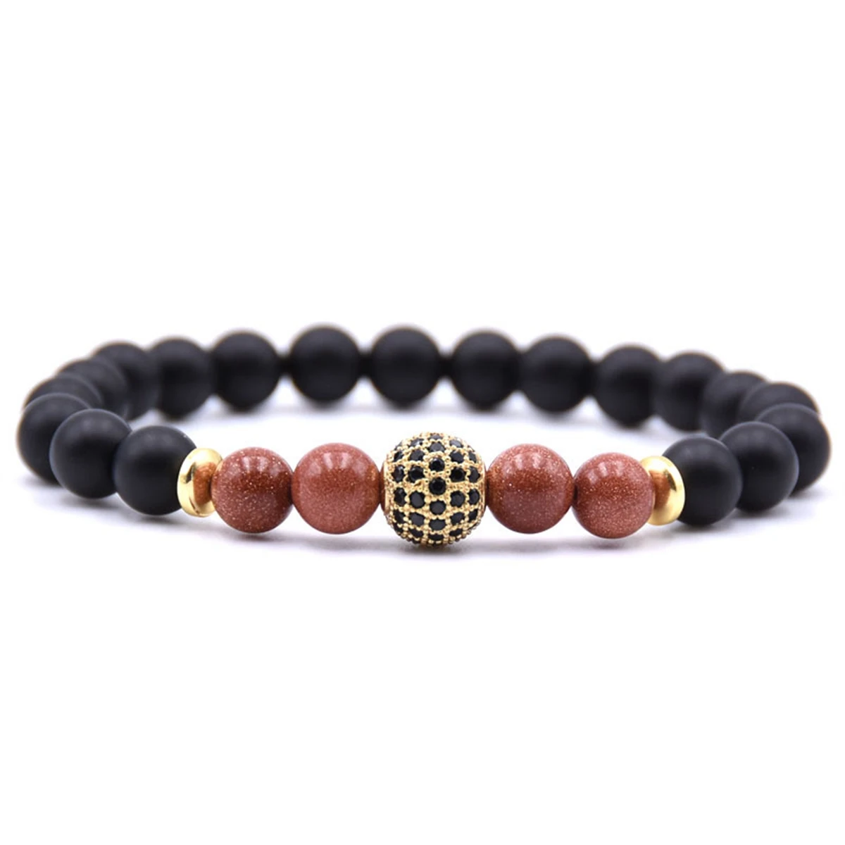 Fashion Male Women Beads Bangles Gold Cz Rhinestone Crystal Ball Elastic Natural Black Onyx Stone Bead Bracelets Jewelry Pulsera
