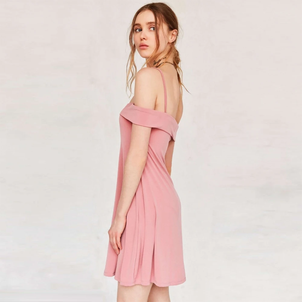MissKoKo Твердые Розовый Женщины Dress Спагетти Ремень Slash Шеи Без Рукавов Краткие Vestidos