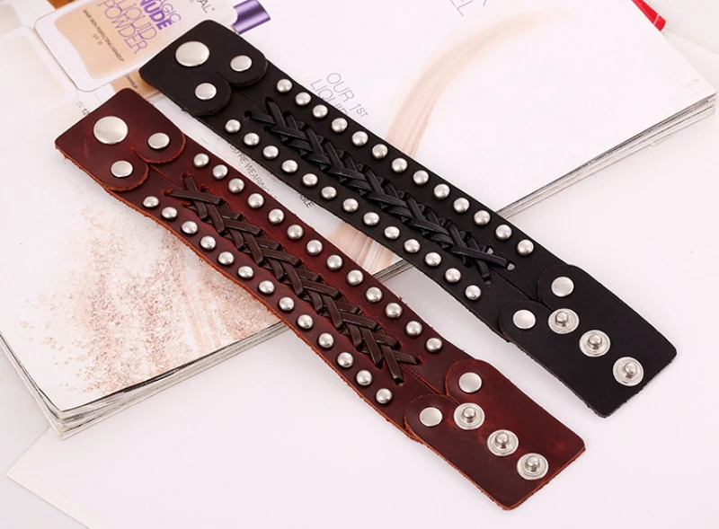 New Arrivals Retro Punk Rivet Real Genuine Leather Woven Black/Brown Adjustable Wristband Cuff Bracelets Bangles Unisex Jewelry | Украшения