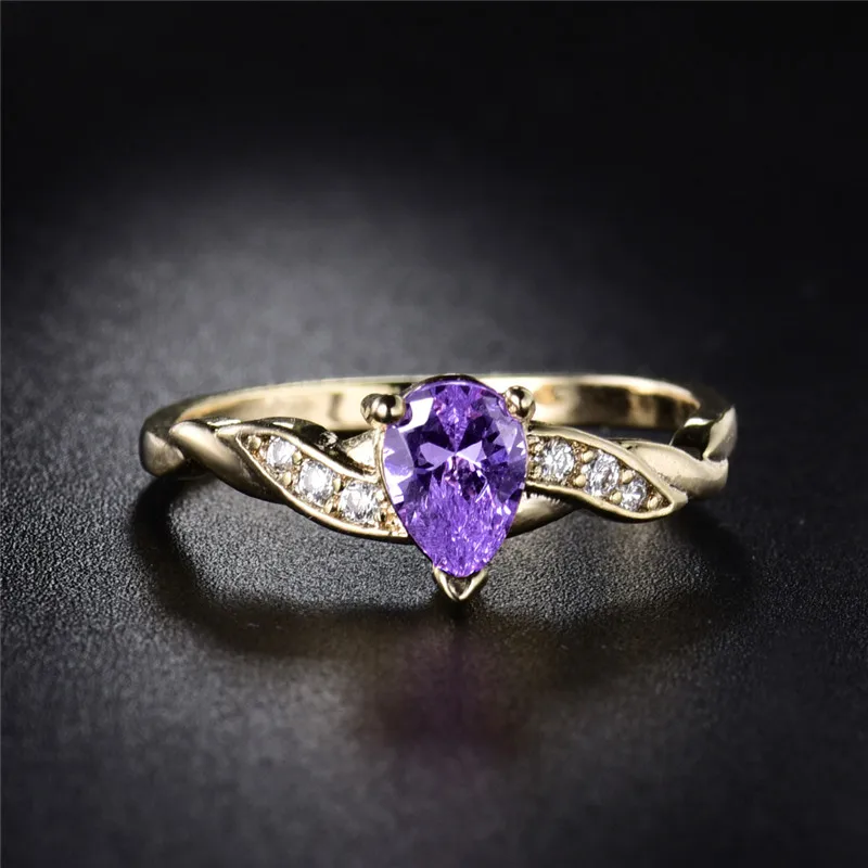 Женское кольцо на палец BUDONG Золотое с фиолетовыми каплевидными камнями и
