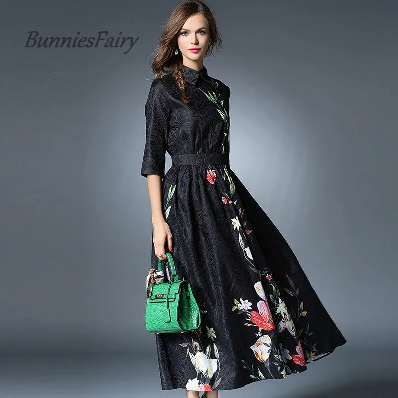 BunniesFairy 2017 Autumn And Winter High End Royal Style Turn Down Collar Slim Waist Floral Print Maxi Long Dress Robe Vestidos | Женская