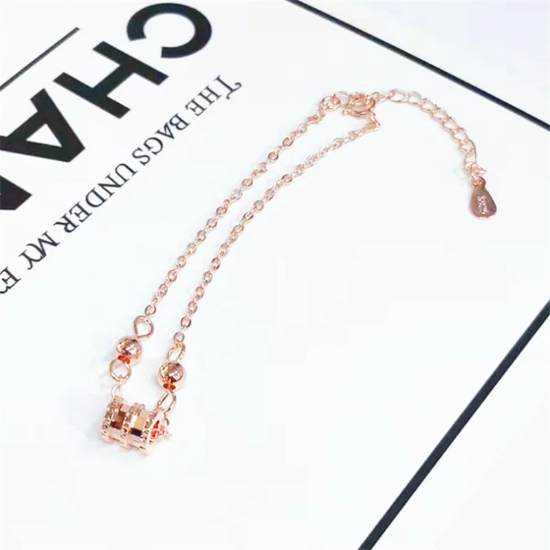 Розовый золотистый цилиндр передачи бусины CZ браслеты для женщин Boho 925