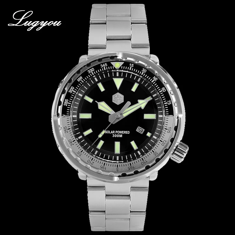 Black Silver Bezel Lugyou Сан Мартин тунец для мужчин дайвер часы нержавеющая сталь 30 бар солнечной энергии черный циферблат Дата Дисплей Металлический Браслет куполообразный сапфир - Цвет: Black Silver Bezel