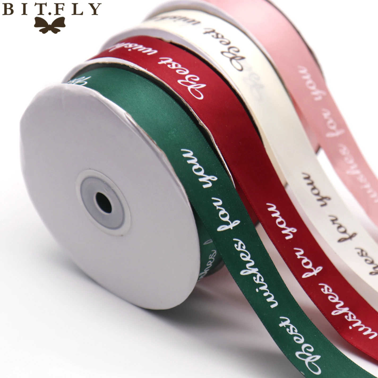 Лента для упаковки в подарок BIT. FLY 25 мм 10 ярдов с принтом надписью Best Wish Grosgrain