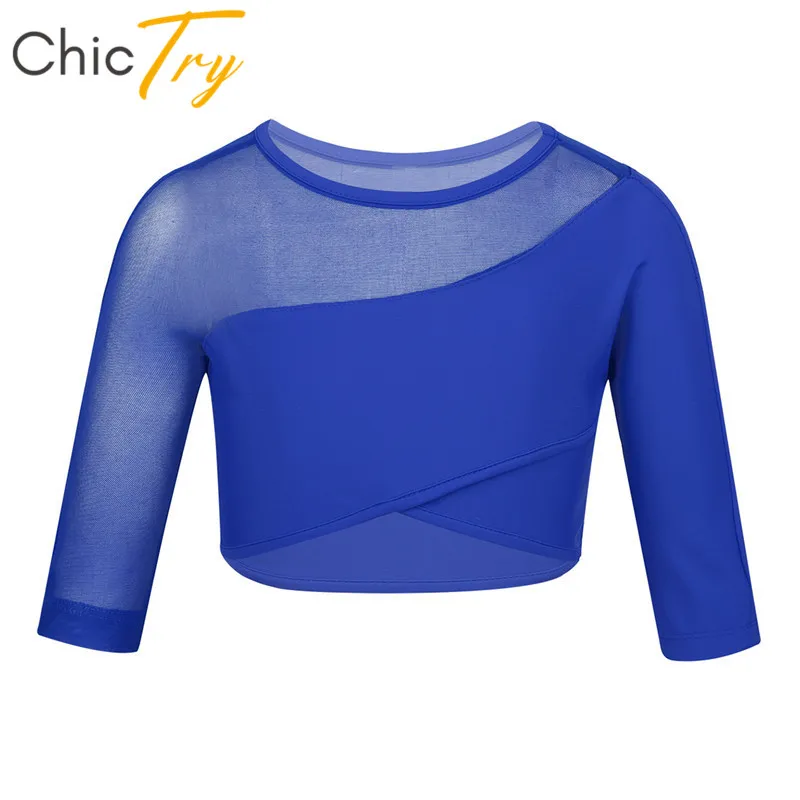 

ChicTry Girls Children 3/4 Sleeves Stretchy Breathable Asymmetrical Ballet Gymnastics Crop Tops Kids Workout Sports Dance Wear