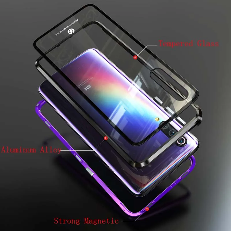 Магнитный металлический чехол для Xiaomi Mi 9 прозрачный стеклянный + Гидрогелевая