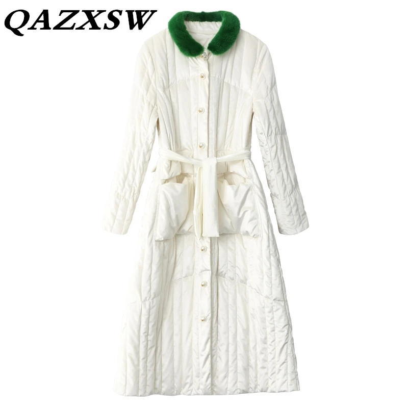 2018 новый зимний норковый меховой воротник теплый длинный женский пуховик модный