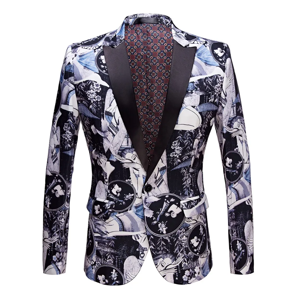 car&ampffi New Male Retro Vintage Artistry Casual Blazer Beauty Pattern Print Design Mens Fashion Suit Jacket Singer Costume Coat |