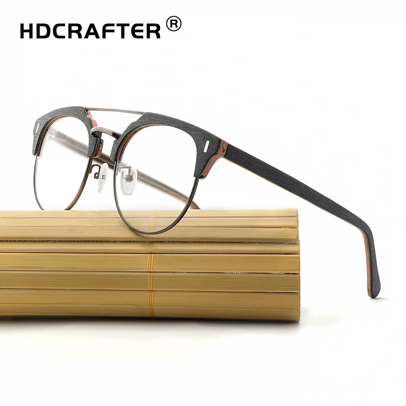 

HDCRAFTER Retro Round Eyeglasses Frames Wooden Men Women Optical Myopia Glasses Frame Computer Reading Spectacle Plain Glasses