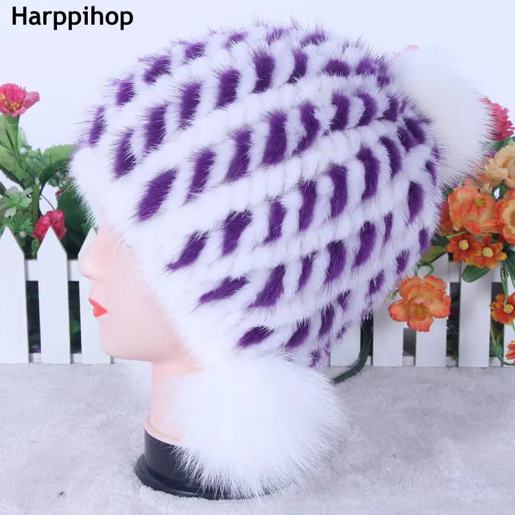 HARPPIHOP разноцветная норковая шапка женская зимняя меховая теплая шапка с ушками модная Милая настоящая норковая вязаная шапка из натурального меха - Цвет: white purple