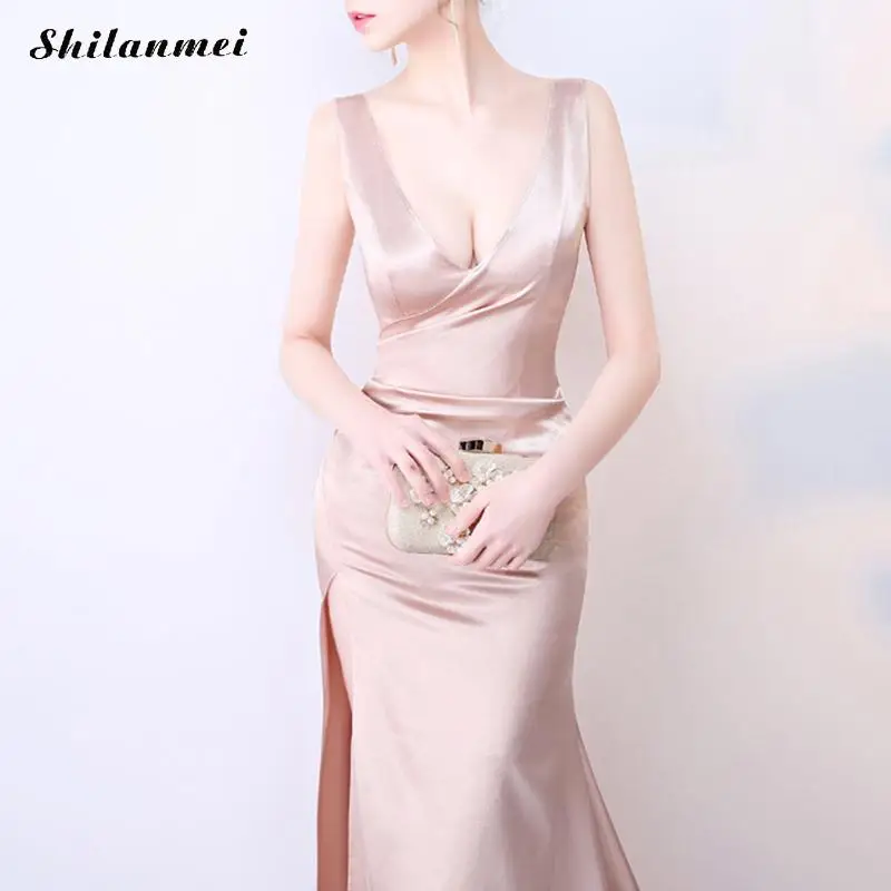 Винтажное Сексуальное вечернее длинное платье с глубоким V-образным вырезом и