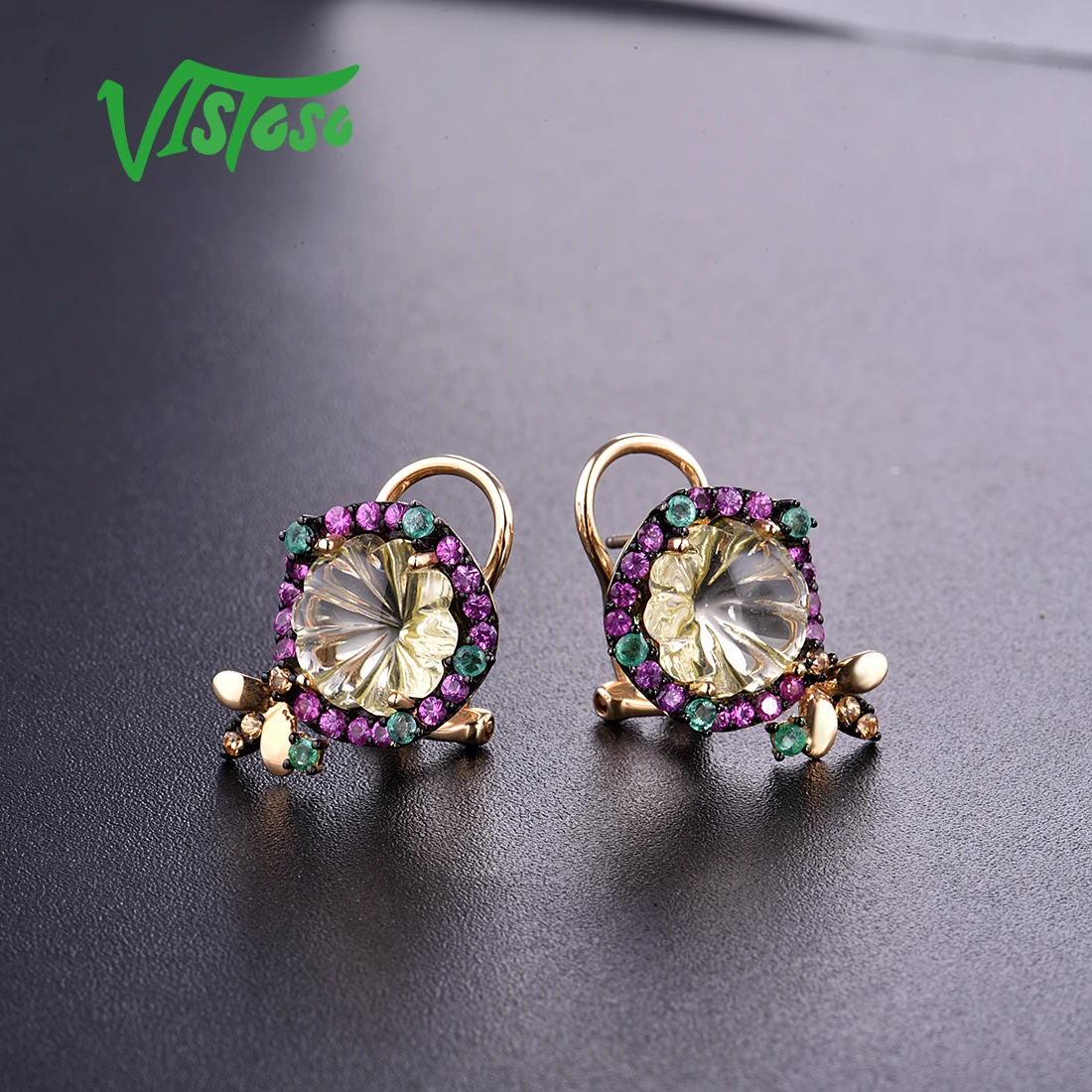 VISTOSO золотые серьги для женщин из натуральной 14K 585 желтого золота Элегантный розовый цветок прекрасная пчела Блестящий сапфир кварцевые ювелирные изделия